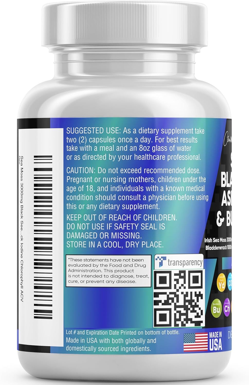 Sea Moss 3000mg Black Seed Oil 2000mg Ashwagandha 999mg Turmeric 999mg Bladderwrack 999mg Burdock 999mg  Vitamin C   D3 With Elderberry Manuka Dandelion Yellow Dock Iodine Chlorophyll ACV