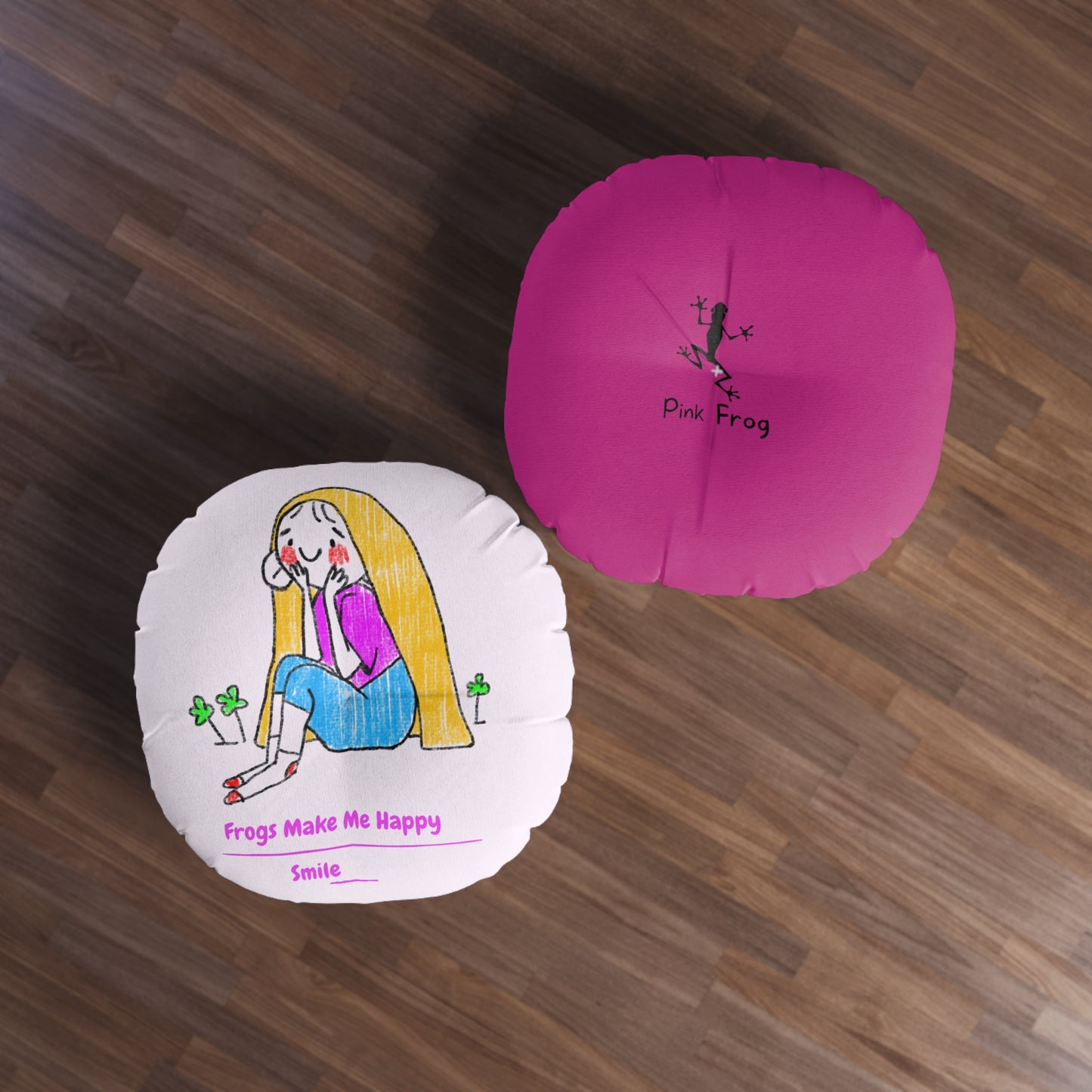 Tufted Floor Pillow | Round Floor Cushion - Pink Frog