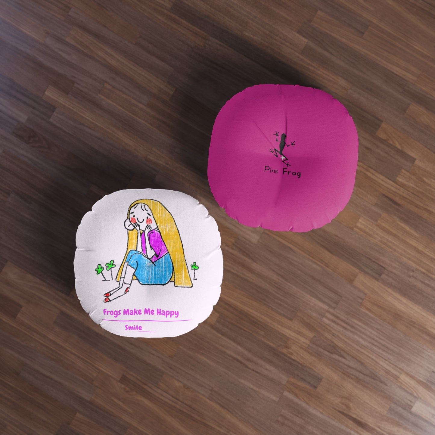 Tufted Floor Pillow | Round Floor Cushion - Pink Frog