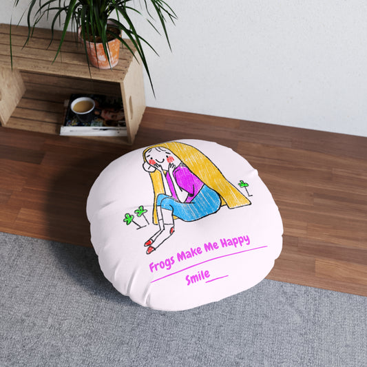 Tufted Floor Pillow | Round Floor Cushion - Pink Frog