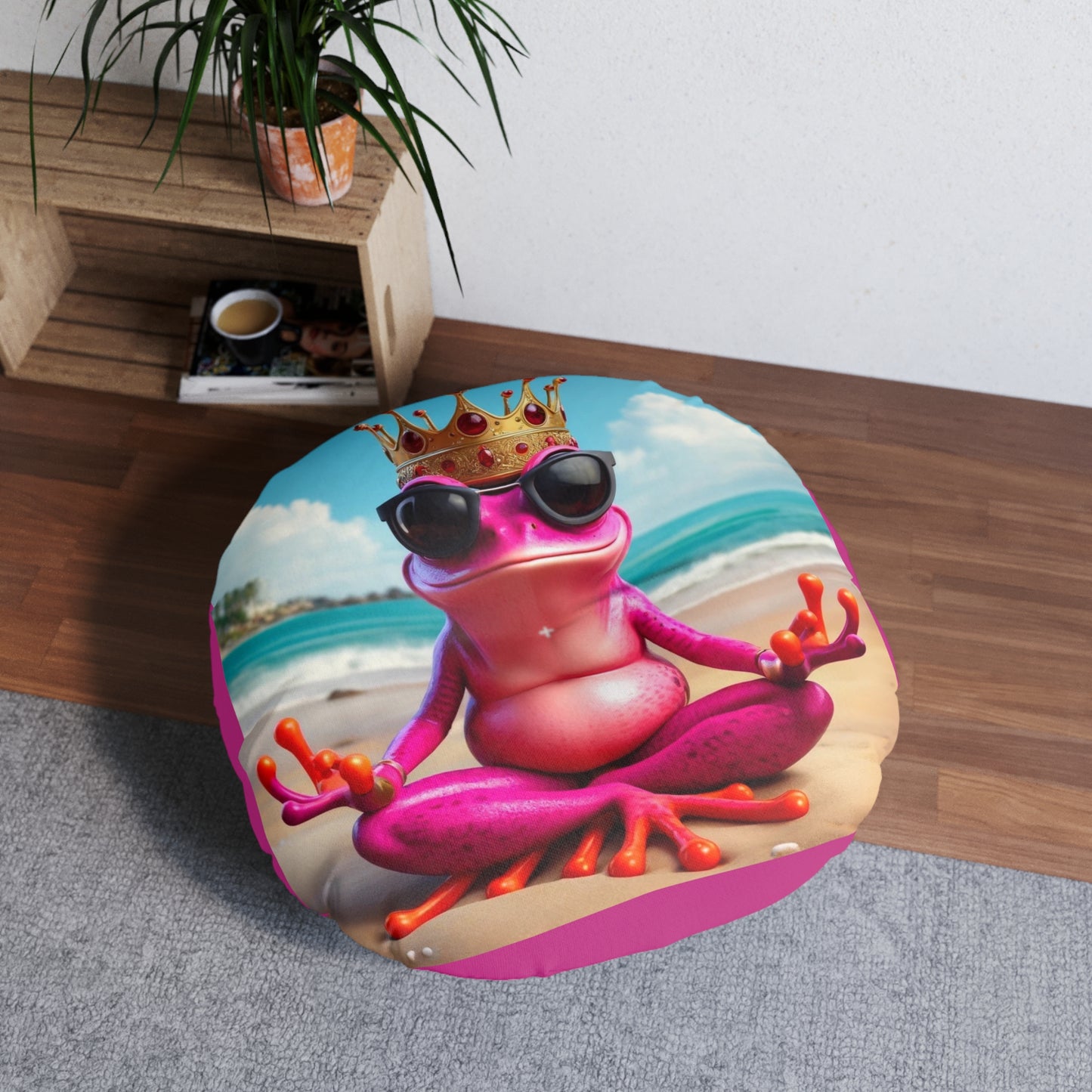 Tufted Floor Pillow | Round Floor Cushion - Pink Frog