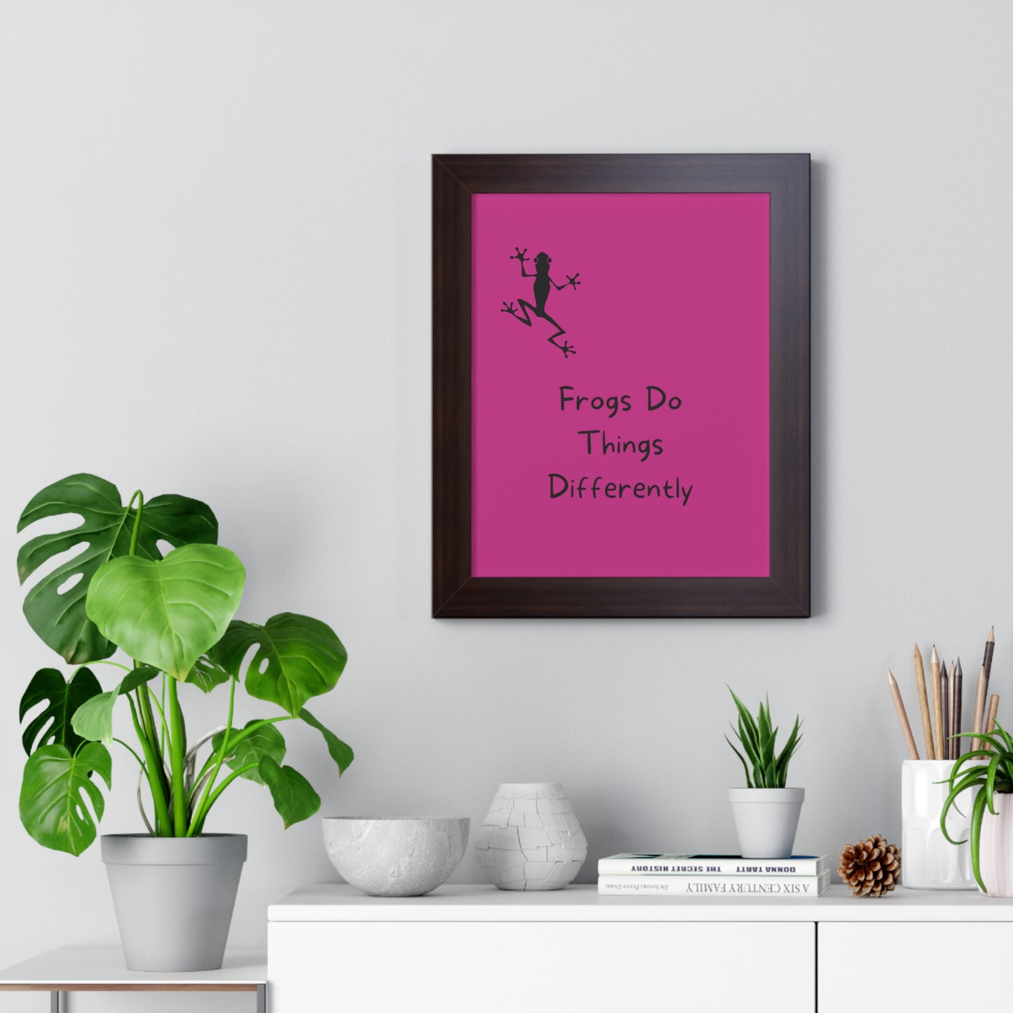 Pink Frog - Framed Vertical Poster - Climb The Walls - Gift