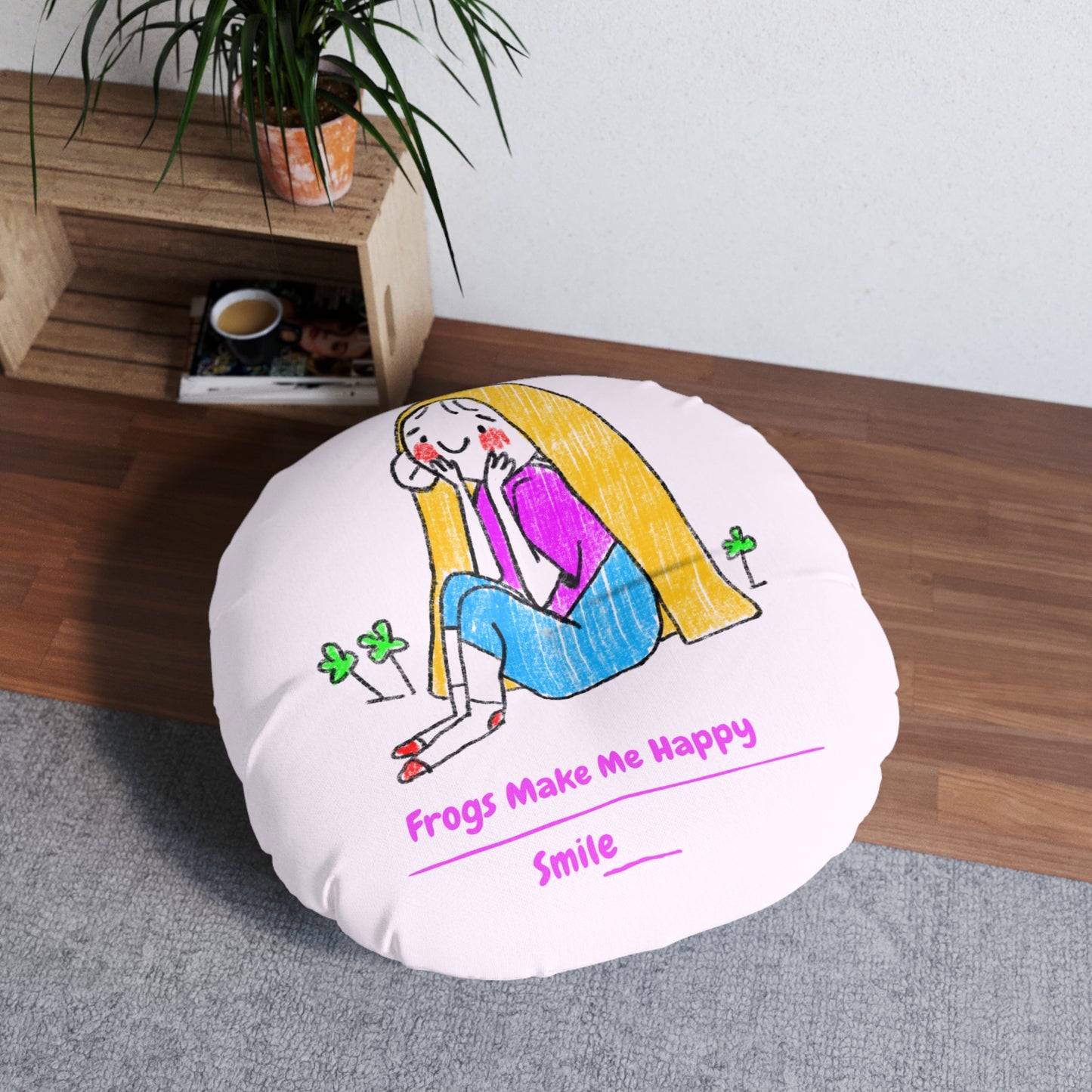 Tufted Floor Pillow | Round Floor Cushion - Pink Frog