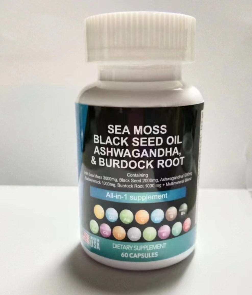 Sea Moss 3000mg Black Seed Oil 2000mg Ashwagandha 999mg Turmeric 999mg Bladderwrack 999mg Burdock 999mg  Vitamin C   D3 With Elderberry Manuka Dandelion Yellow Dock Iodine Chlorophyll ACV