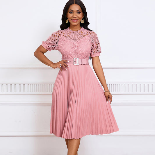 Women's Lace Pleated Dress | Short-sleeved Elegance