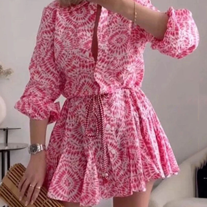 Pink Vintage Frill Women's Dress | Long Sleeve Elegance 