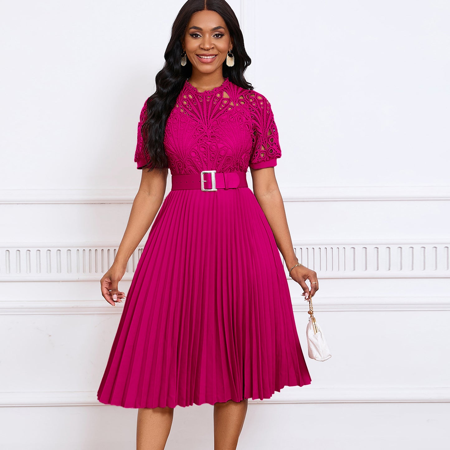 Women's Lace Pleated Dress | Short-sleeved Elegance