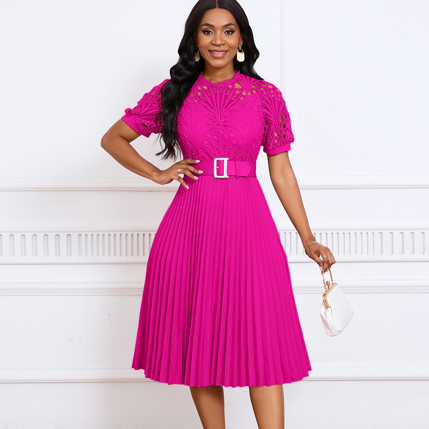 Women's Lace Pleated Dress | Short-sleeved Elegance