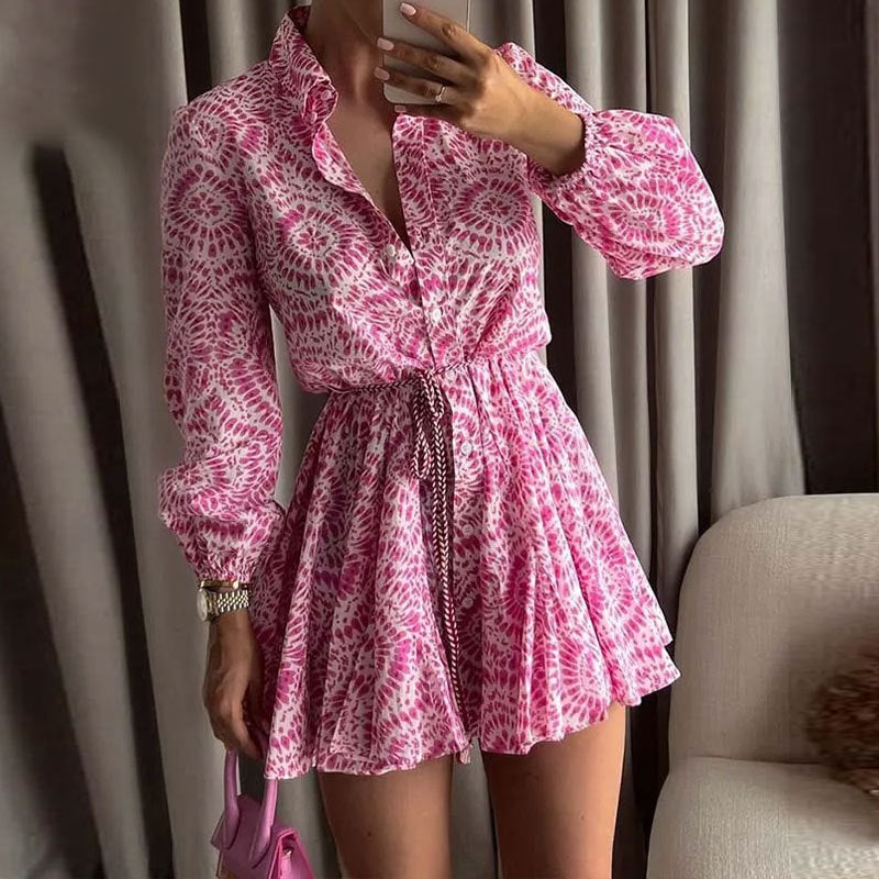 Pink Vintage Frill Women's Dress | Long Sleeve Elegance 