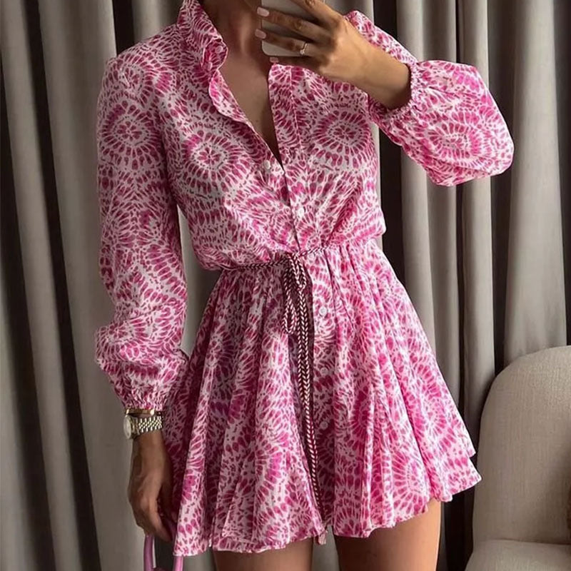 Pink Vintage Frill Women's Dress | Long Sleeve Elegance 