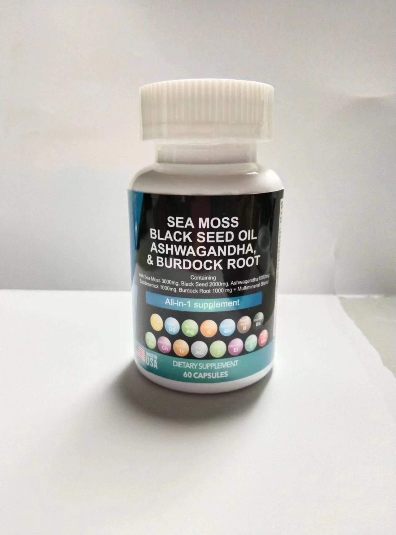 Sea Moss 3000mg Black Seed Oil 2000mg Ashwagandha 999mg Turmeric 999mg Bladderwrack 999mg Burdock 999mg  Vitamin C   D3 With Elderberry Manuka Dandelion Yellow Dock Iodine Chlorophyll ACV