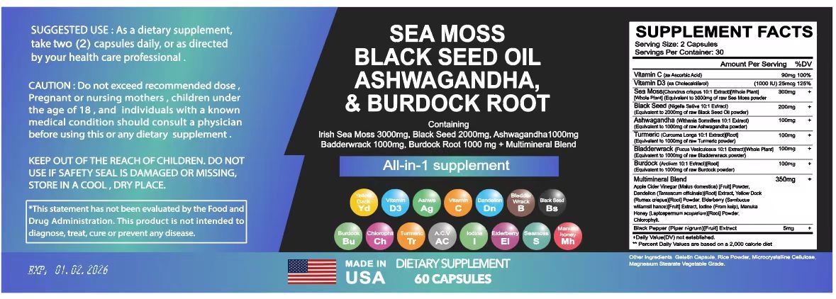 Sea Moss 3000mg Black Seed Oil 2000mg Ashwagandha 999mg Turmeric 999mg Bladderwrack 999mg Burdock 999mg  Vitamin C   D3 With Elderberry Manuka Dandelion Yellow Dock Iodine Chlorophyll ACV