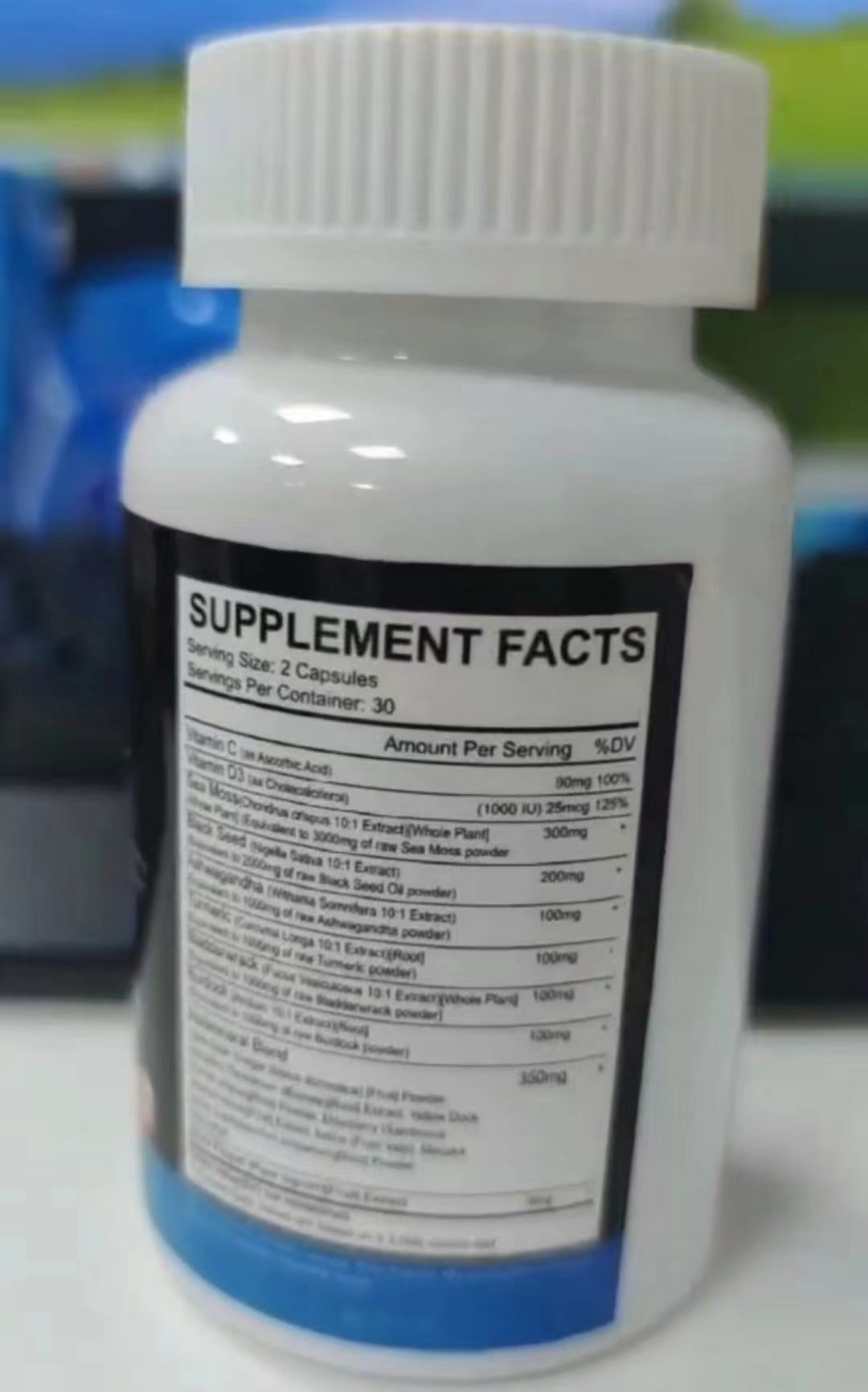 Sea Moss 3000mg Black Seed Oil 2000mg Ashwagandha 999mg Turmeric 999mg Bladderwrack 999mg Burdock 999mg  Vitamin C   D3 With Elderberry Manuka Dandelion Yellow Dock Iodine Chlorophyll ACV