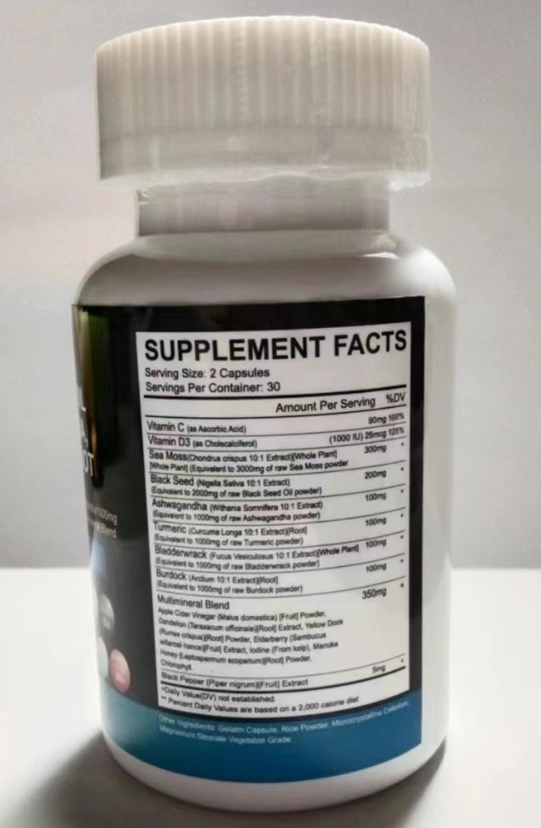 Sea Moss 3000mg Black Seed Oil 2000mg Ashwagandha 999mg Turmeric 999mg Bladderwrack 999mg Burdock 999mg  Vitamin C   D3 With Elderberry Manuka Dandelion Yellow Dock Iodine Chlorophyll ACV